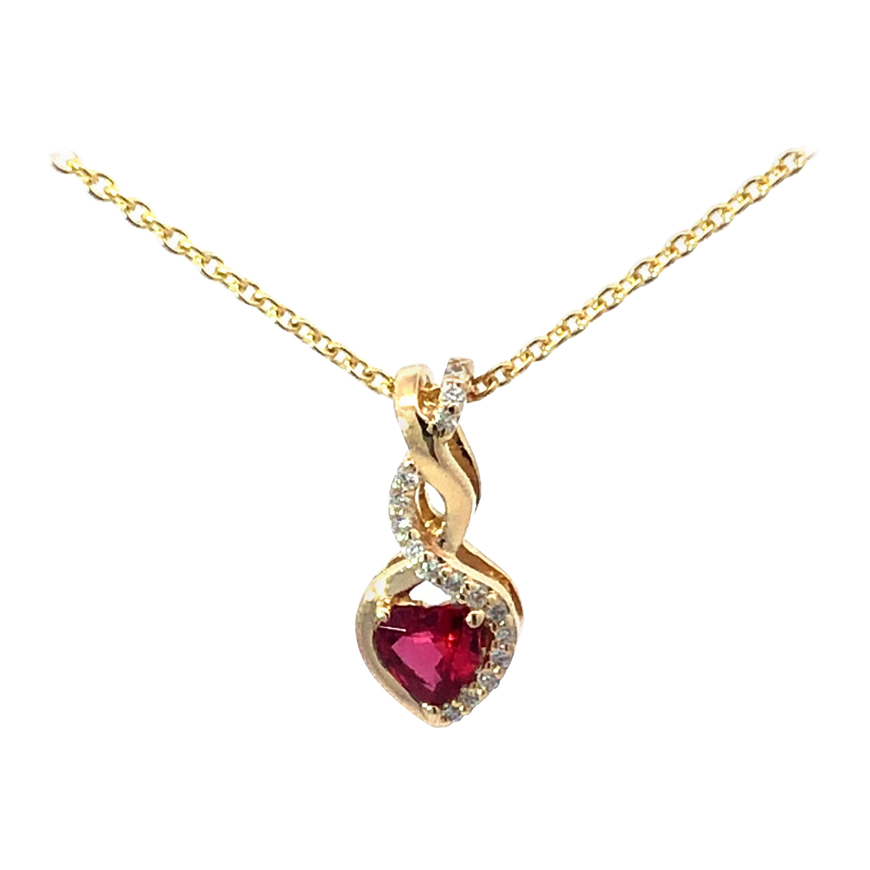 Ruby Heart Diamond Twist Necklace in 14k Yellow Gold For Sale