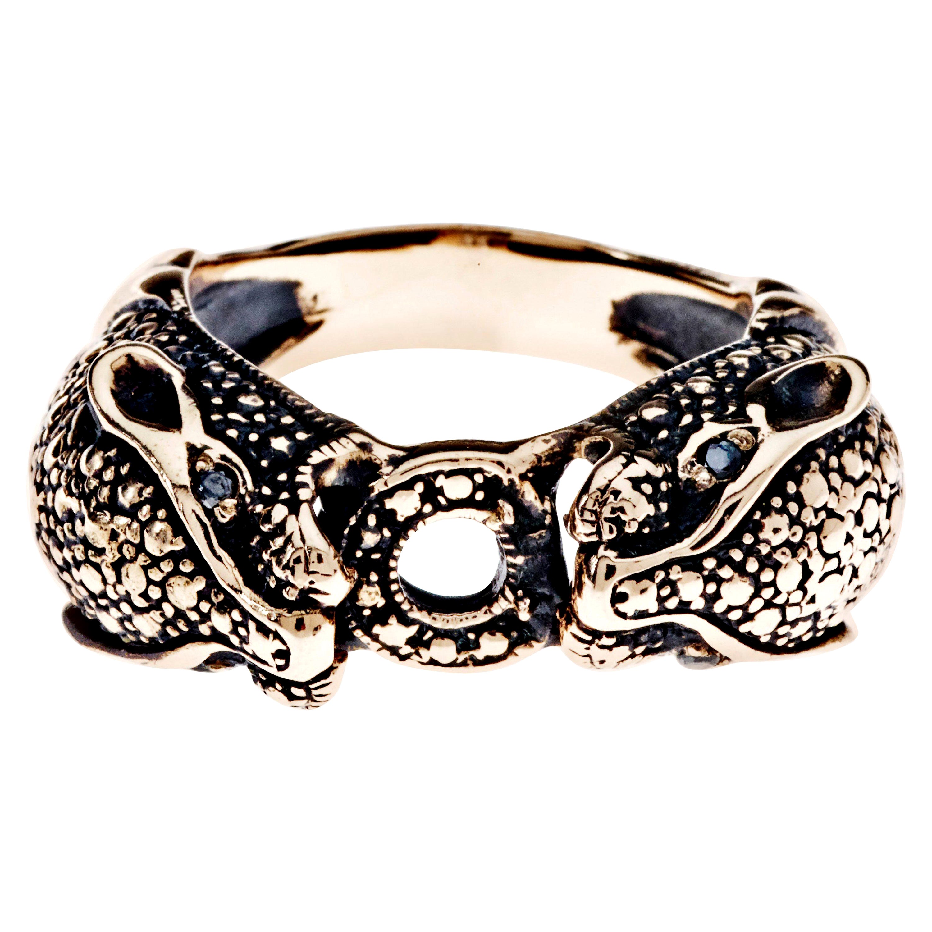 Jaguar-Ring aus Bronze mit schwarzem Diamant J Dauphin Tierschmuck