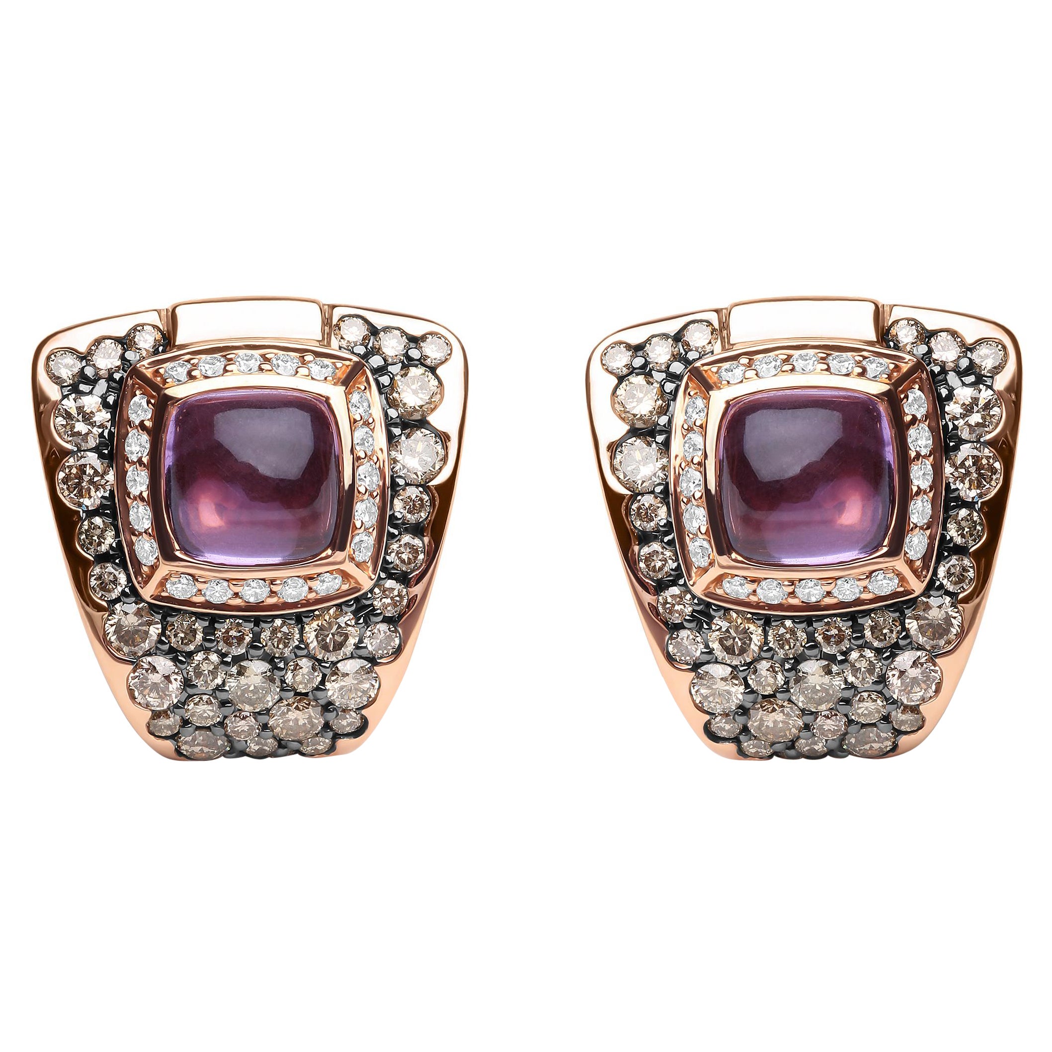 18K Rose Gold 1 1/2 Carat Diamond and Purple Amethyst Gemstone Stud Earrings For Sale