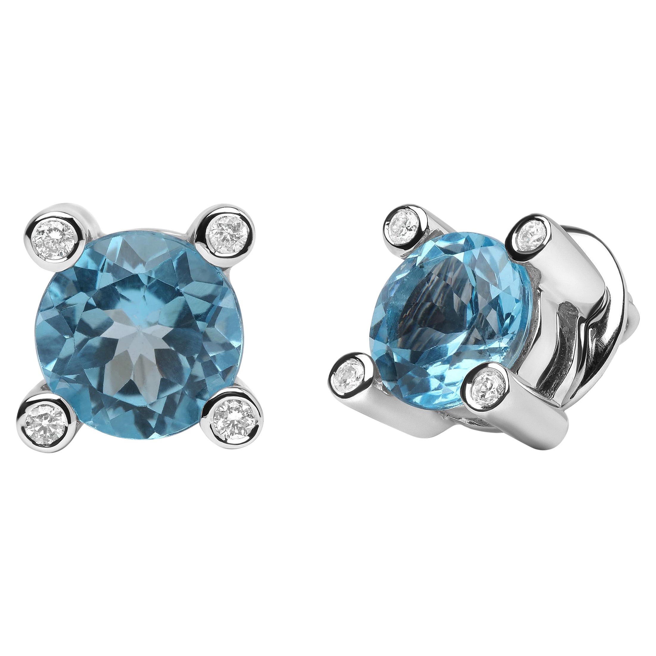 18K White Gold 1/10 Carat Diamond and Sky Blue Topaz Gemstone Stud Earrings For Sale
