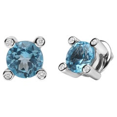 18K White Gold 1/10 Carat Diamond and Sky Blue Topaz Gemstone Stud Earrings