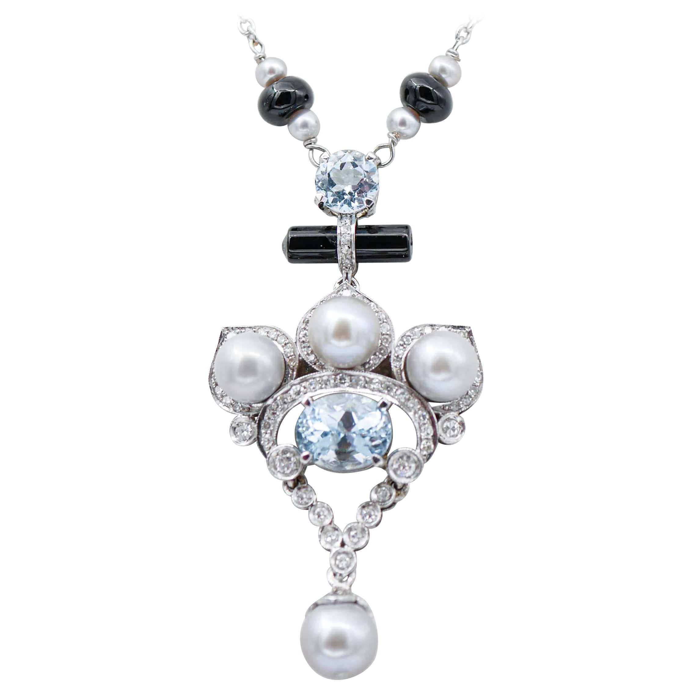 Pearls, Aquamarine, Diamonds, Onyx, Platinum Pendant Necklace For Sale