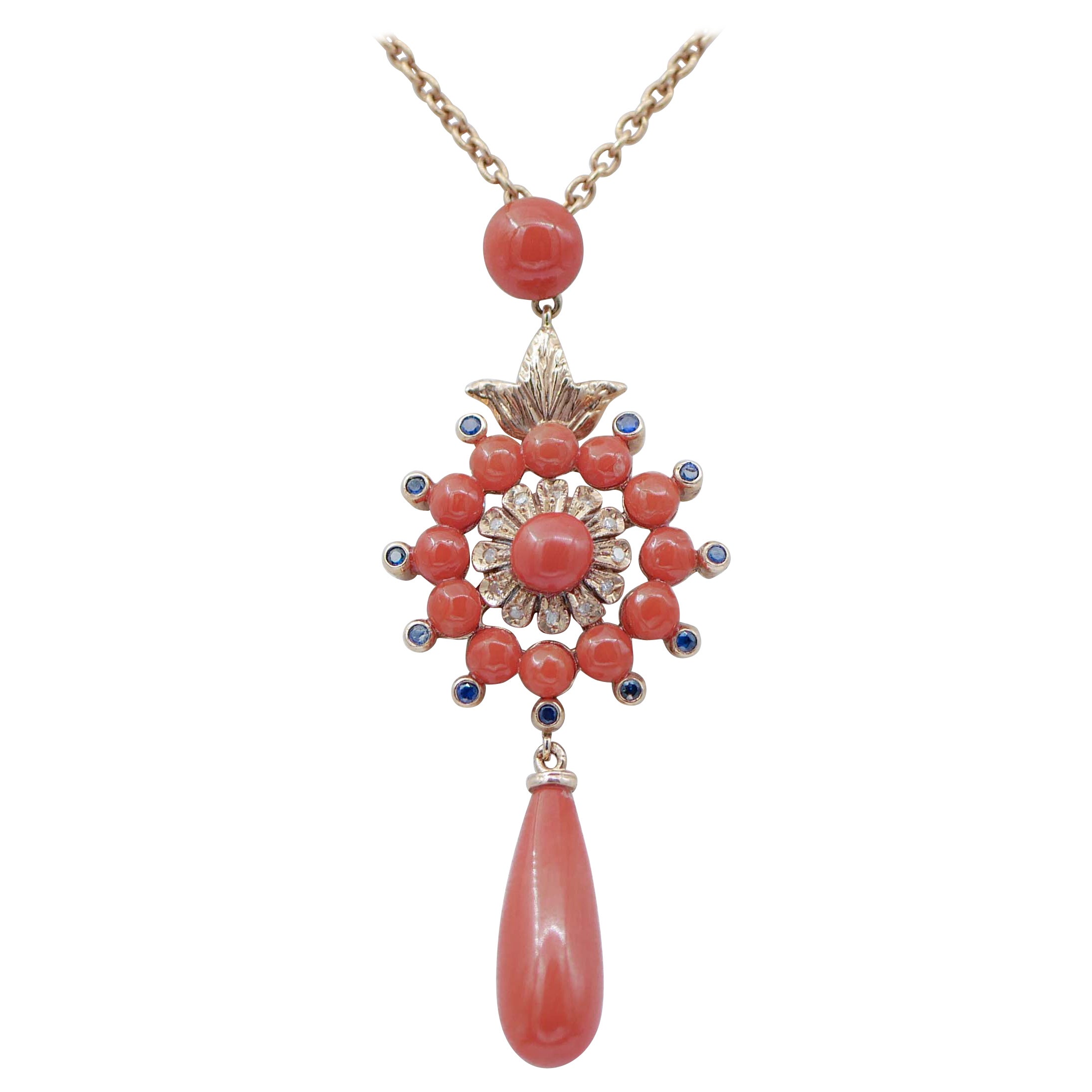 Coral, Sapphires, Diamonds, 14 Karat Rose Gold Pendant Necklace For Sale