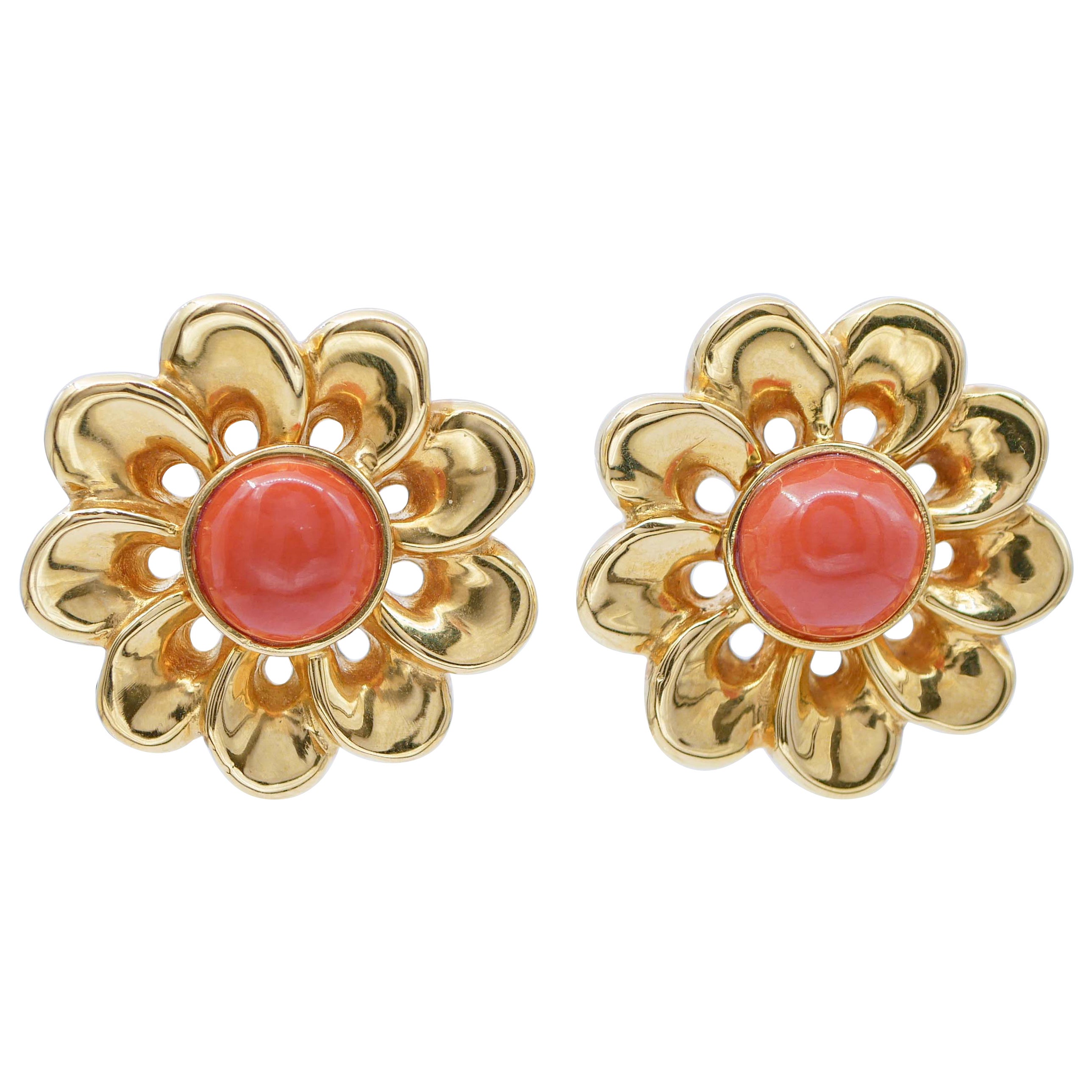 Coral, 18 Karat Yellow Gold Flower Earrings For Sale