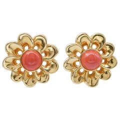 Retro Coral, 18 Karat Yellow Gold Flower Earrings