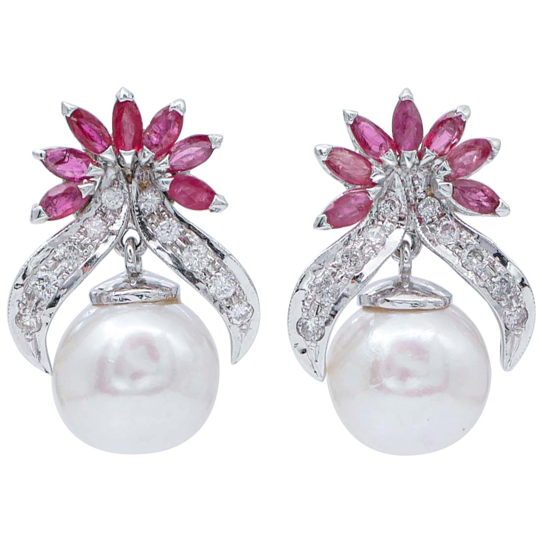 White Pearls, Rubies, Diamonds, 14 Karat White Gold Earrings