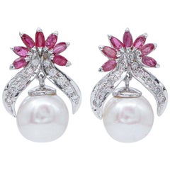 White Pearls, Rubies, Diamonds, 14 Karat White Gold Earrings