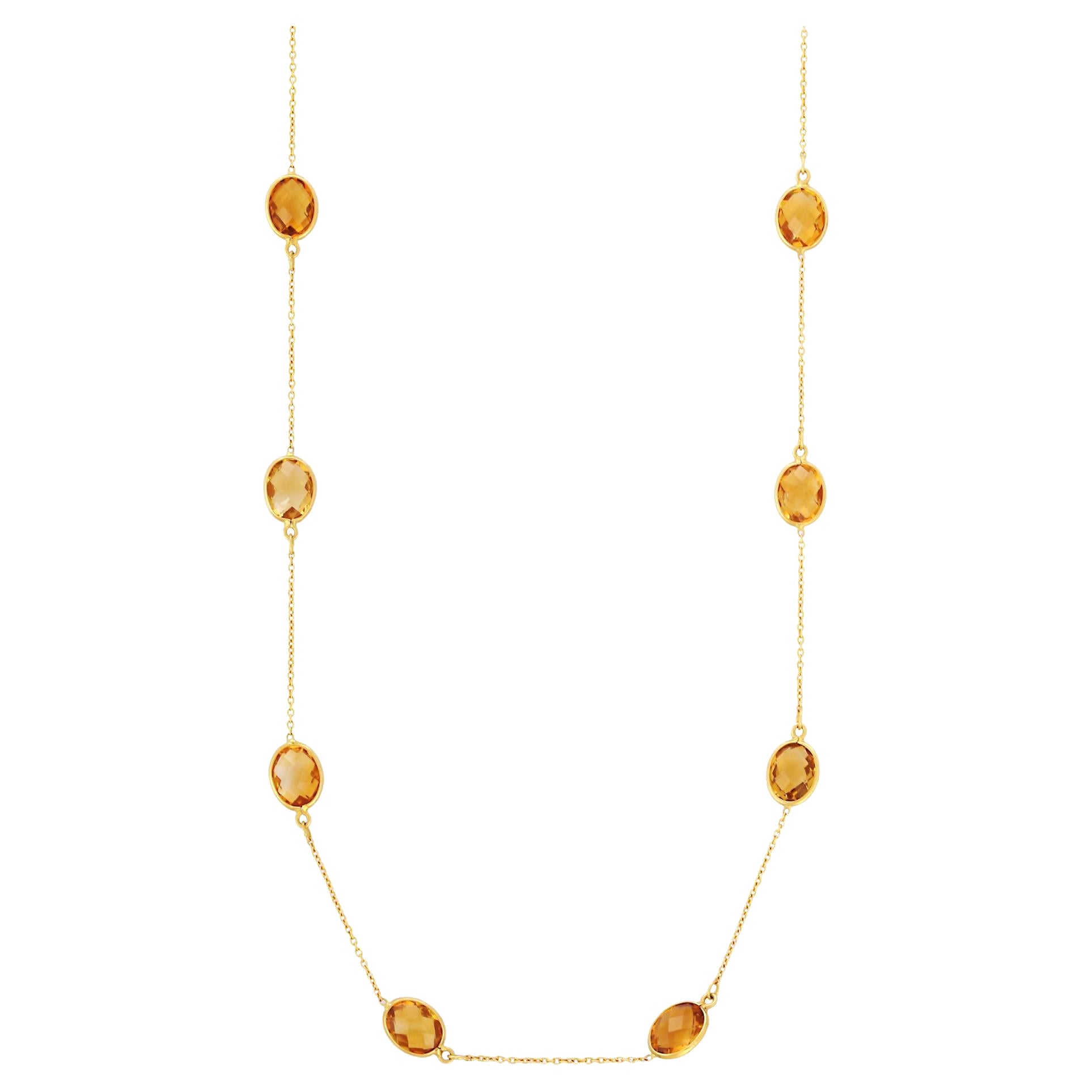 18k Yellow Gold Delicate 17.5 Ct Oval Cut Citrine Chain Necklace For Sale
