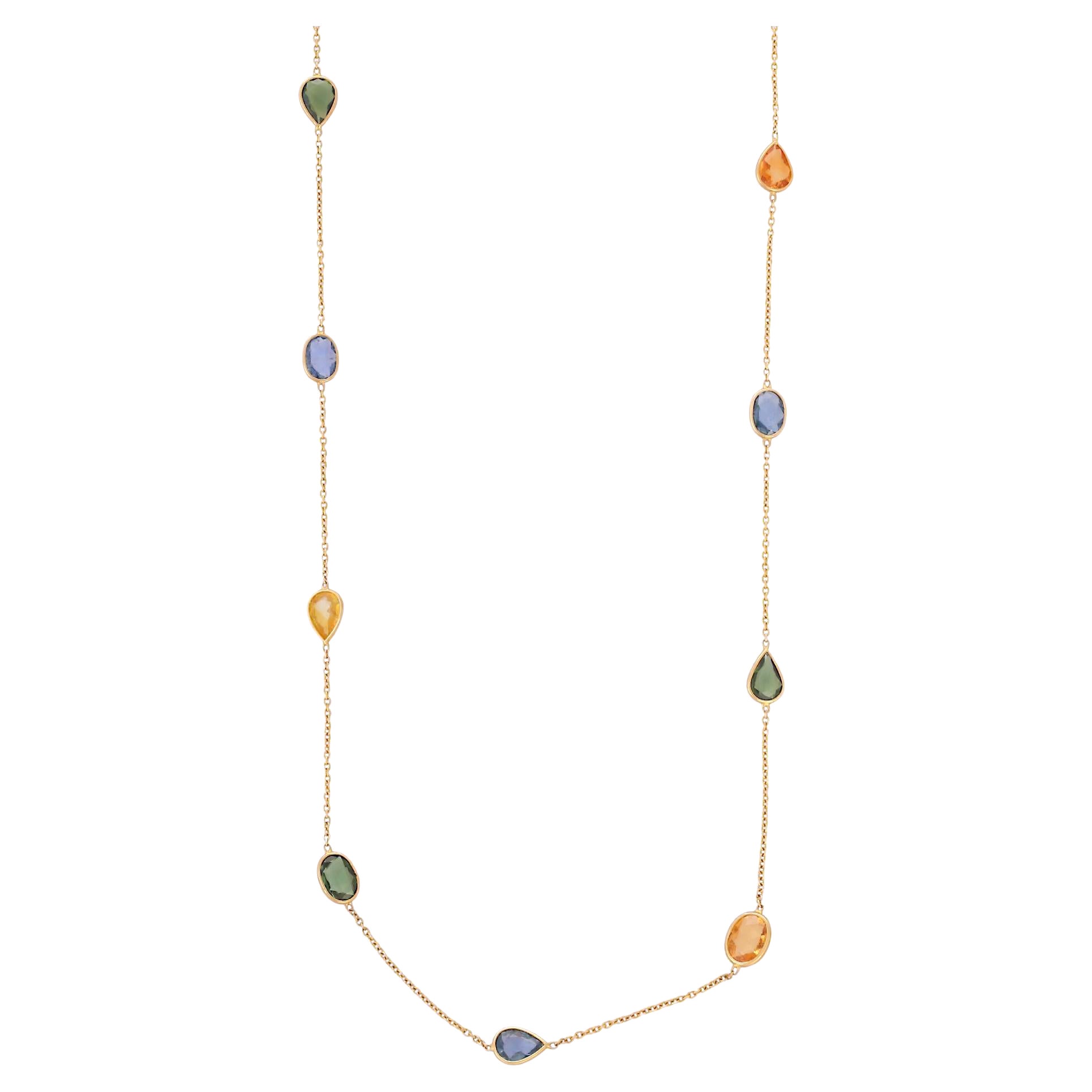 Modernist 12.16 Ct Multi Sapphire Chain Necklace in 18K Yellow Gold For Sale