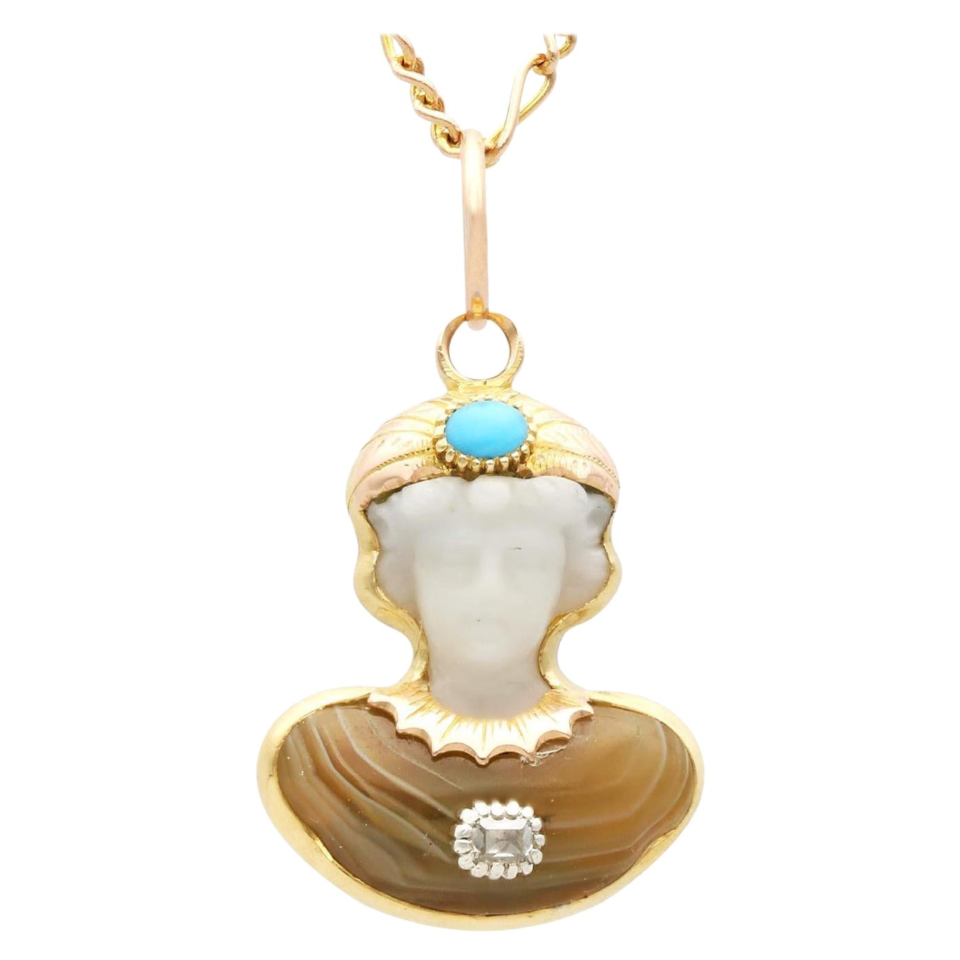Agate victorienne ancienne, quartz sculpté, diamants et turquoise, or jaune 15 carats