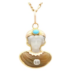 Antique Victorian Agate, Carved Quartz, Diamond and Turquoise, 15ct Yellow Gold