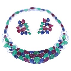Emerald Diamonds Sapphire Ruby Tutti Frutti Necklace Earrings Set 18K, 1970