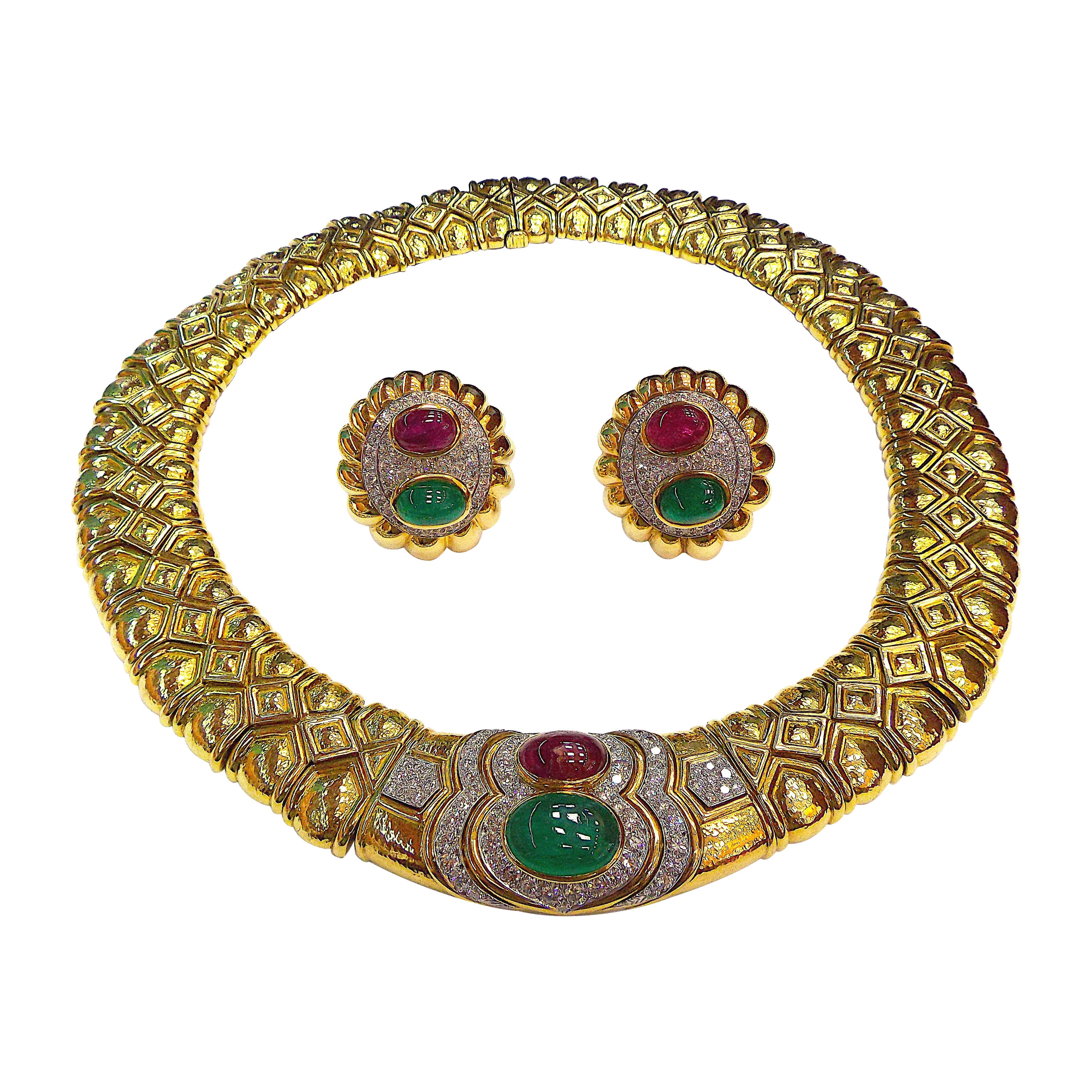 David Webb Gold Emerald Ruby Diamond Necklace and Earclips For Sale