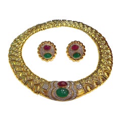 Vintage David Webb Gold Emerald Ruby Diamond Necklace and Earclips