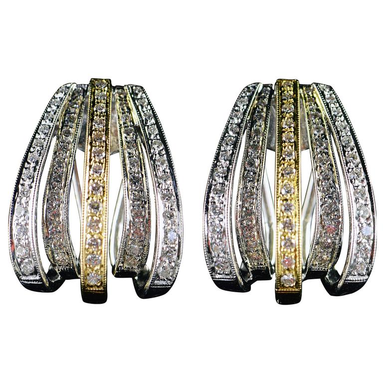 Diamond Two Color Gold Scallop French Clip Earrings For Sale at 1stdibs