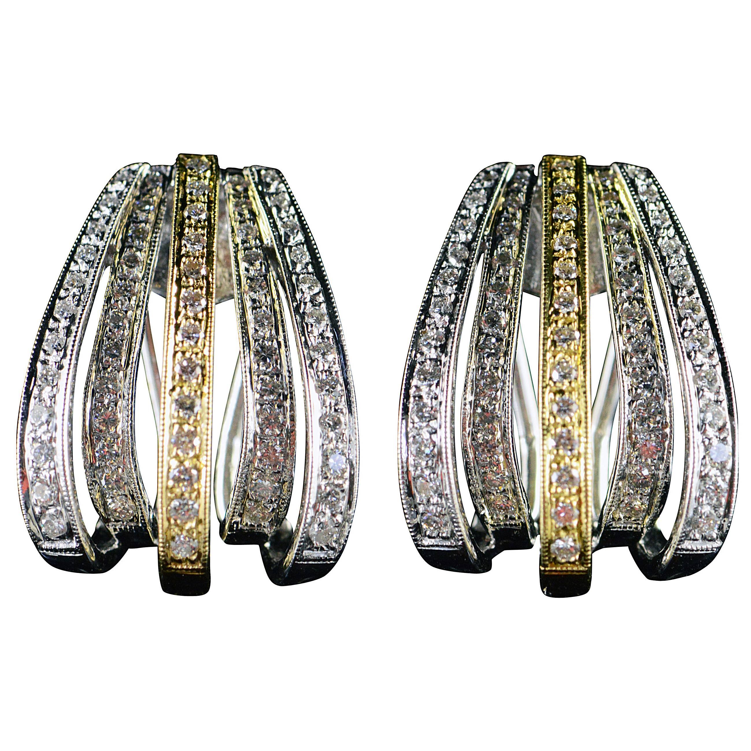 Diamond Two Color Gold Scallop French Clip Earrings For Sale