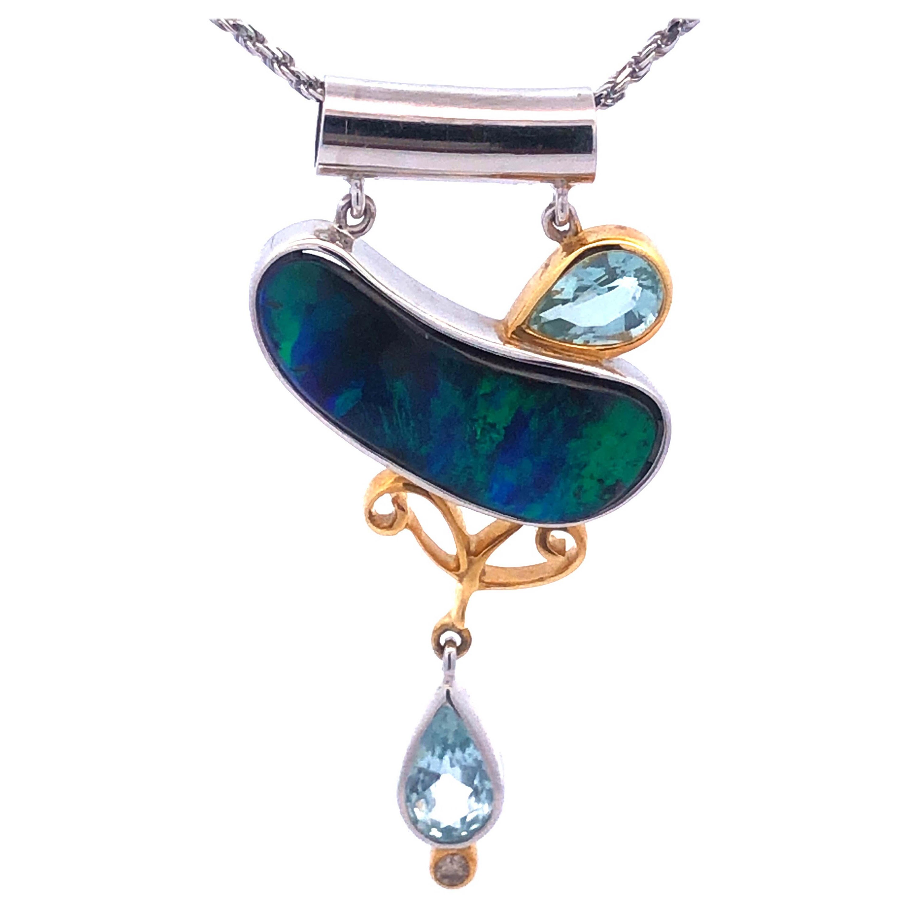 Blue Green Boulder Opal, Aquamarine and Diamond Necklace in 18k White Gold For Sale