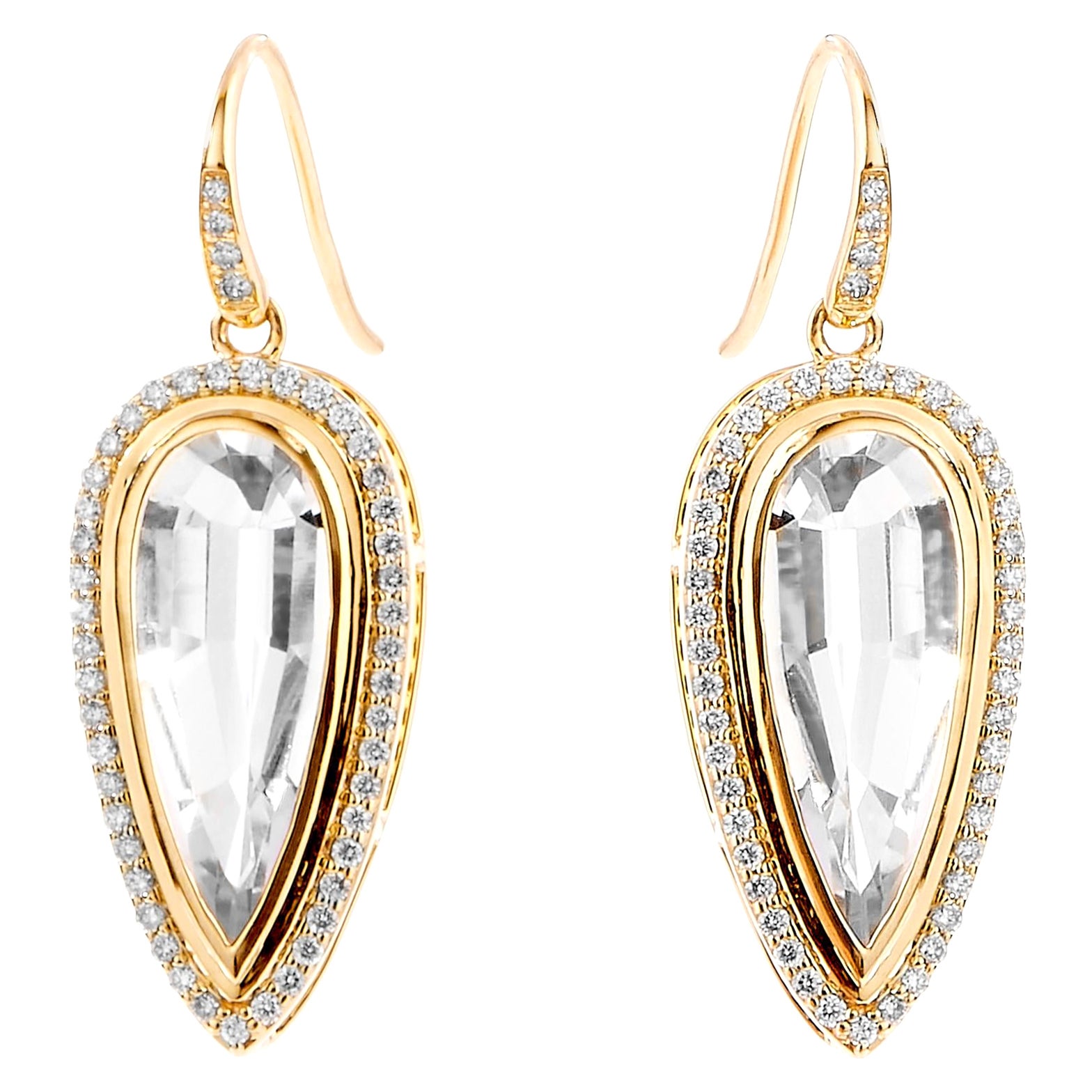 Syna Yellow Gold Rock Crystal Earrings with Diamonds For Sale