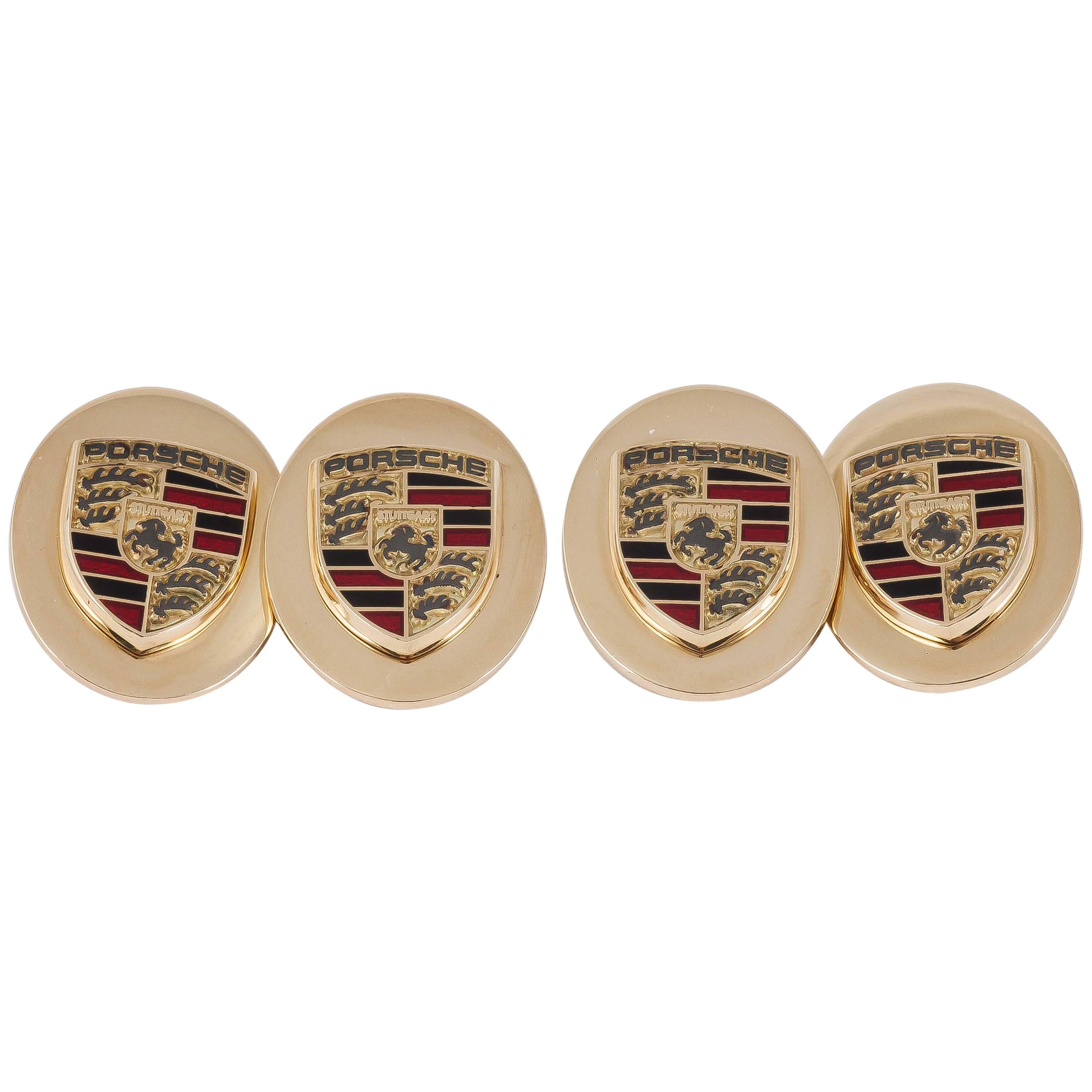 New Porsche Emblem Cufflinks in Heavy Quality 18 Carat Gold, English Made im Angebot