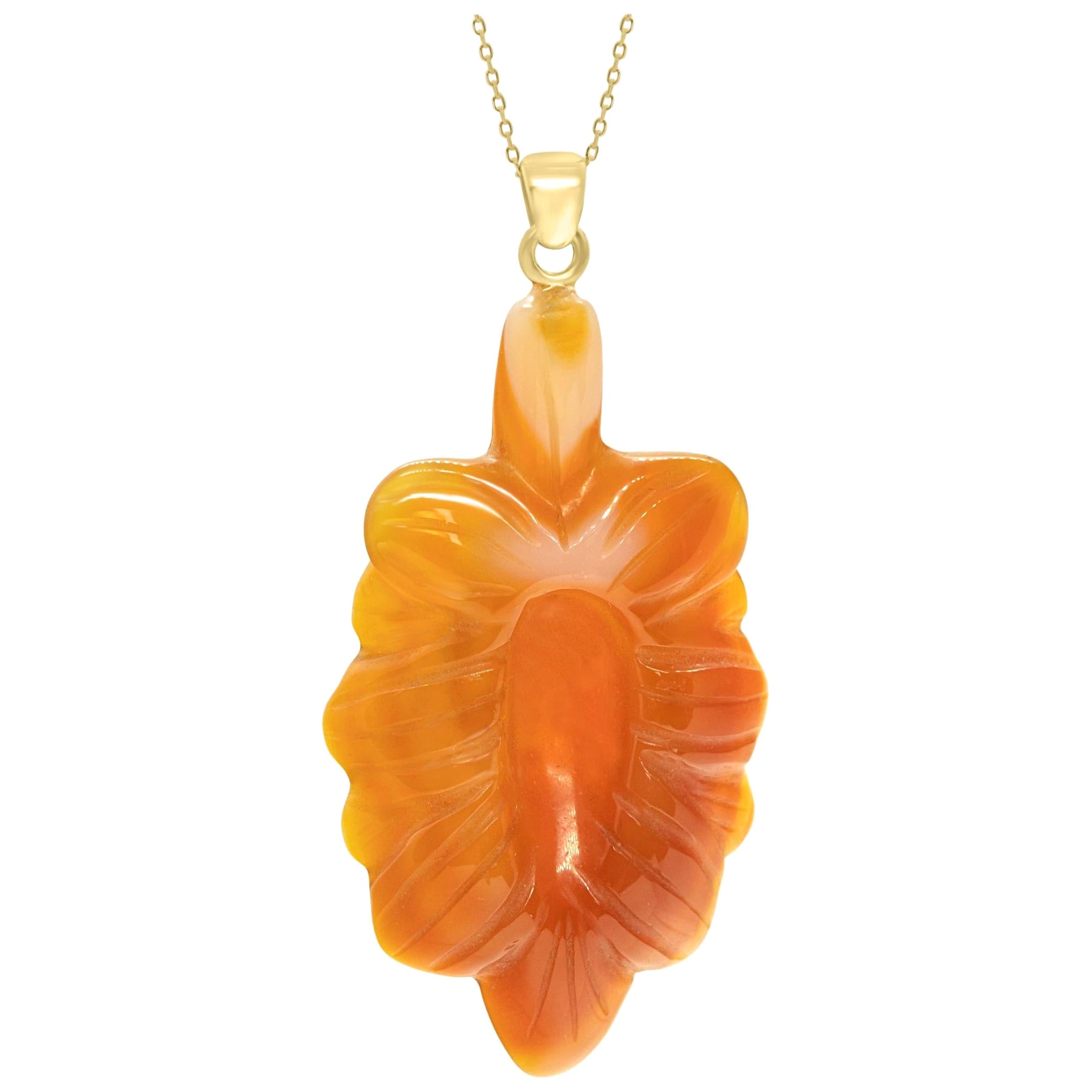 Orange Aventurine Carved Flower 18 Karat Yellow Gold Drop Necklace Intini Jewels For Sale