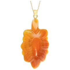 Orange Aventurine Carved Flower 18 Karat Yellow Gold Drop Necklace Intini Jewels