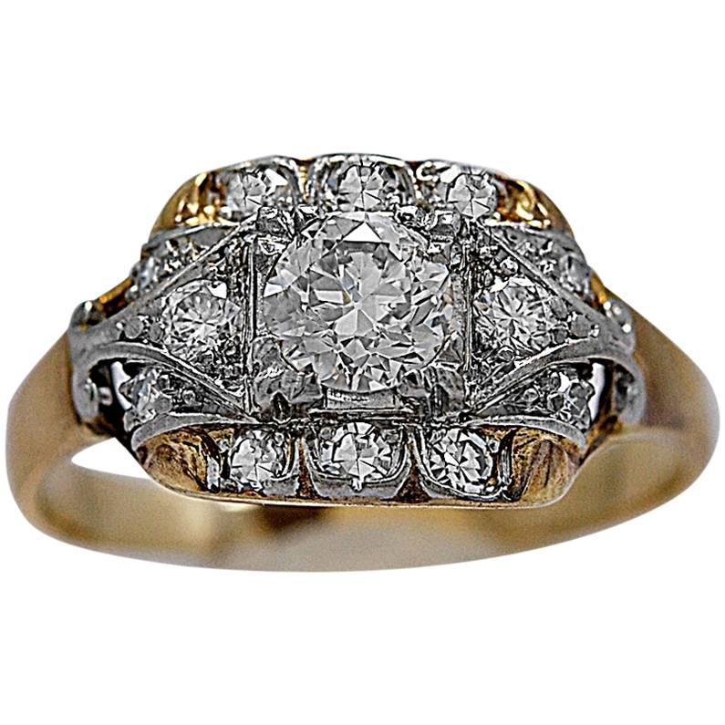 Art Deco .40 Carat Diamond Gold Platinum Engagement Ring For Sale