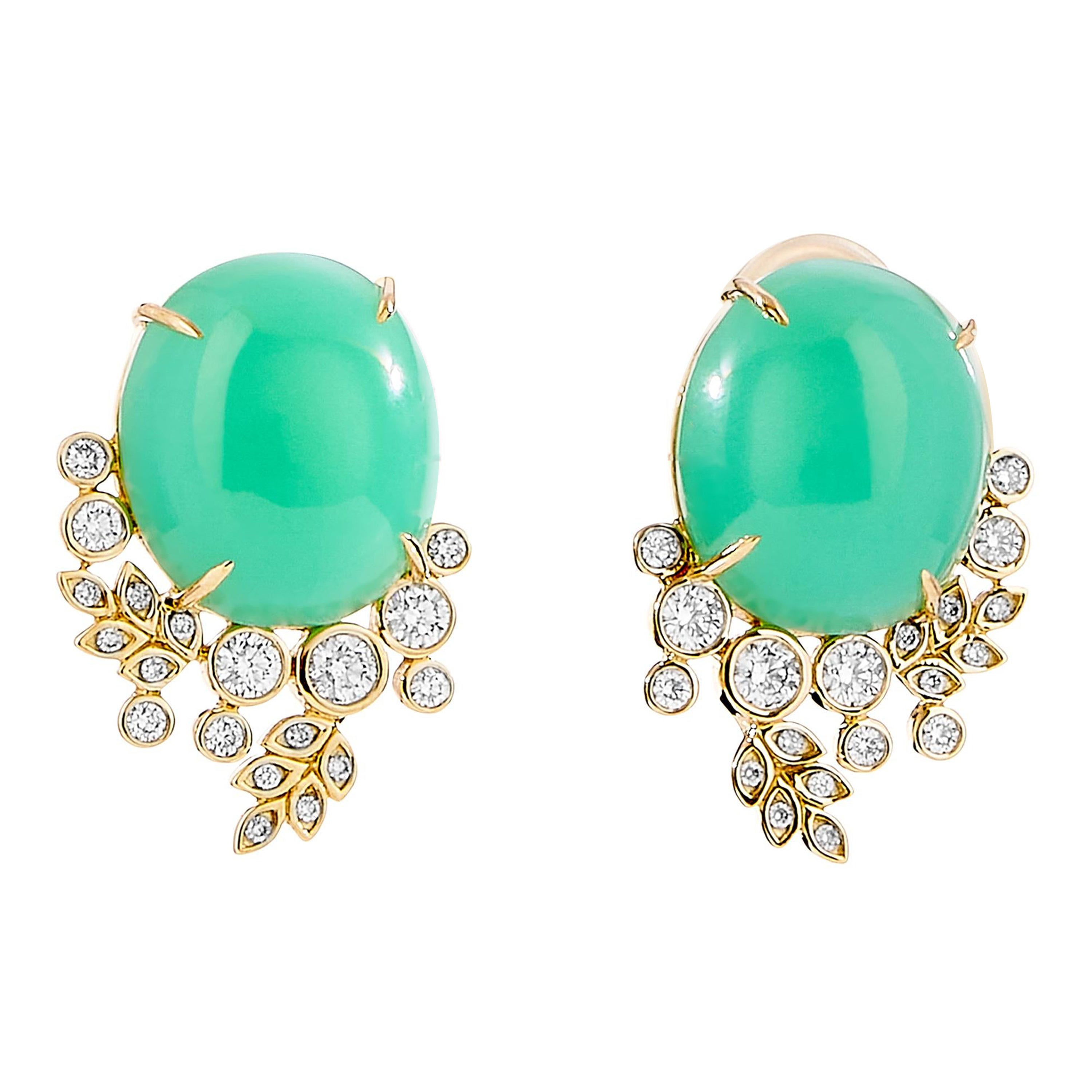 Syna Yellow Gold Vine Earrings with Chrysoprase and Diamonds For Sale