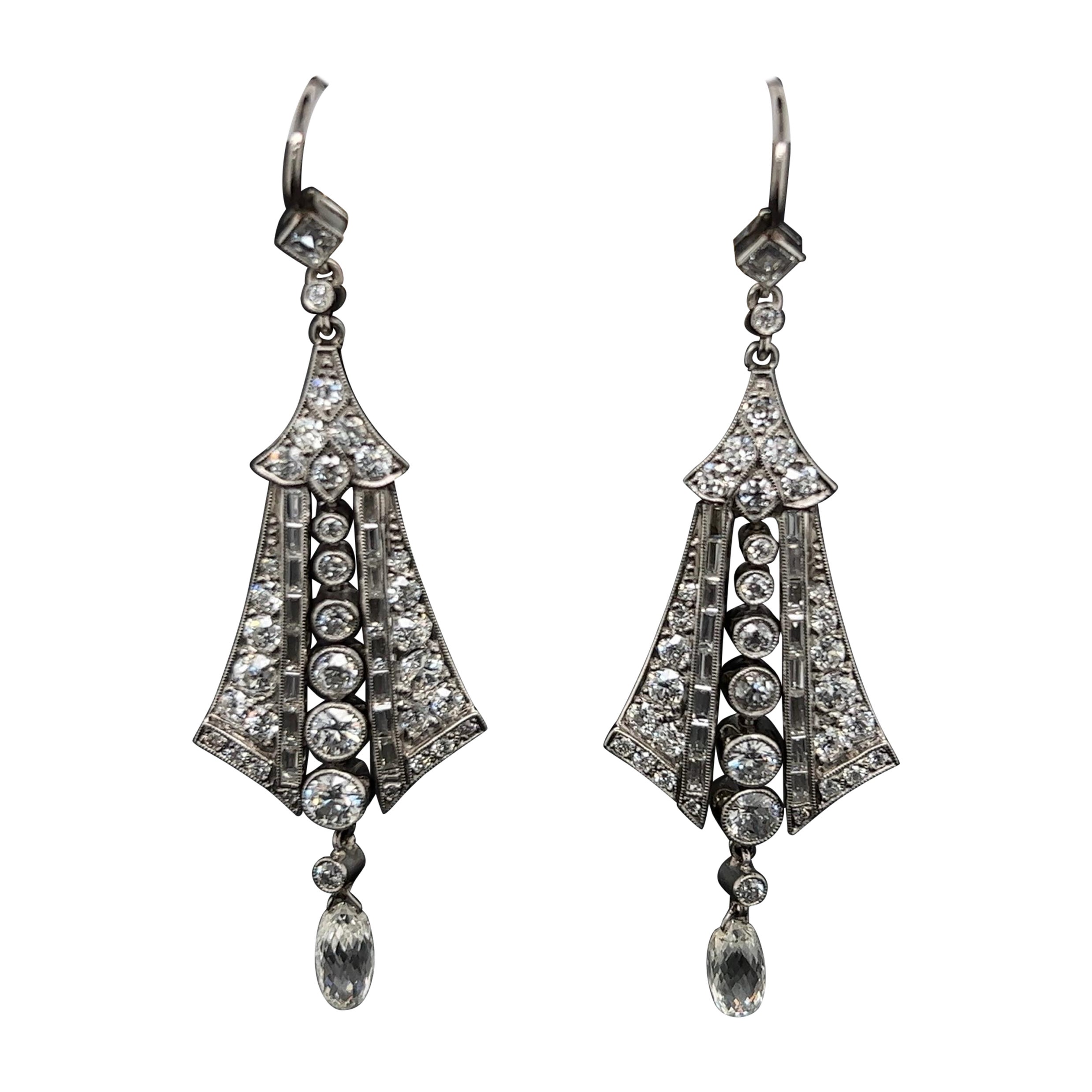 Diamond and Sapphire Platinum Art Deco Style Drop Earrings Estate Fine