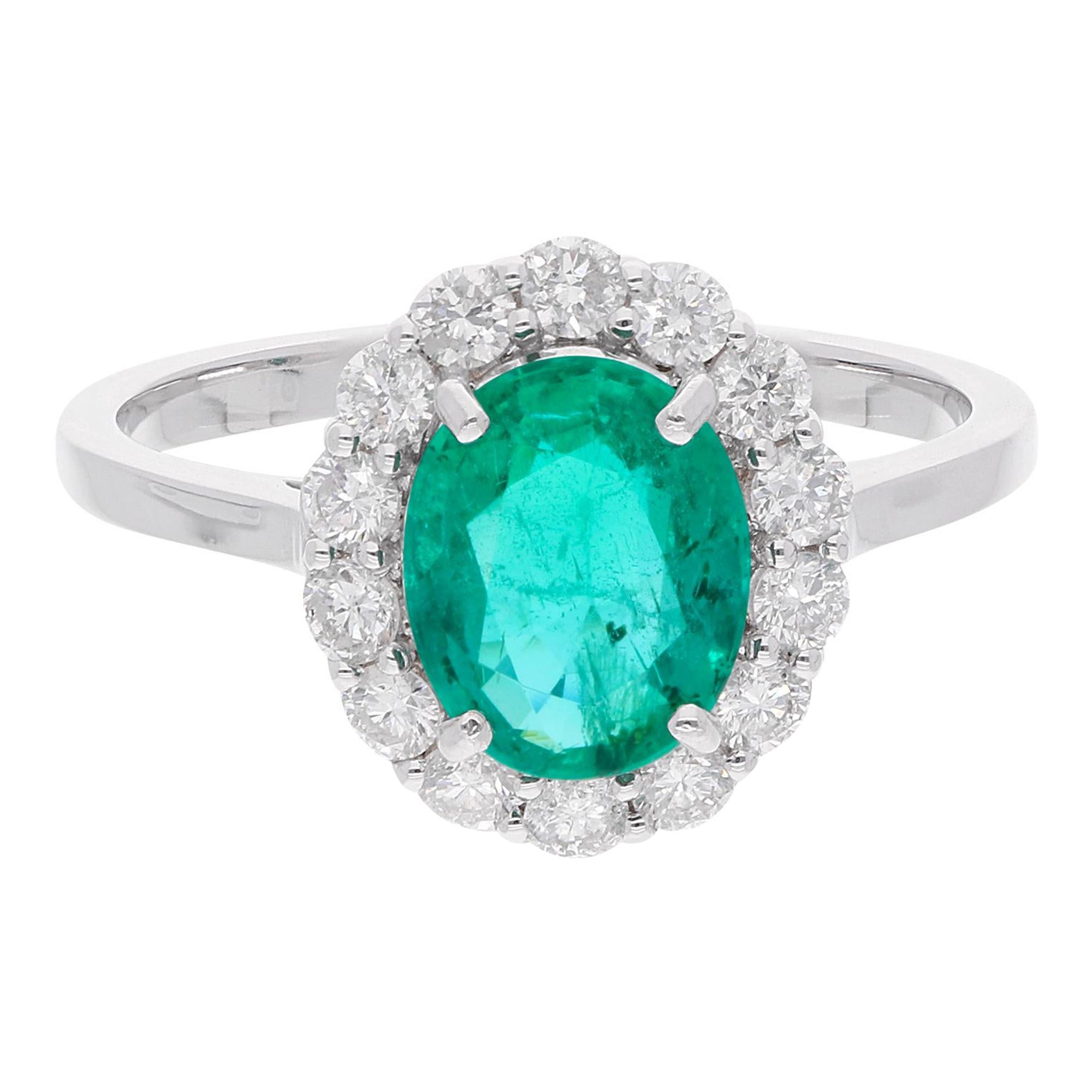 Oval Natural Emerald Gemstone Ring Round Diamond 18 Karat White Gold Jewelry