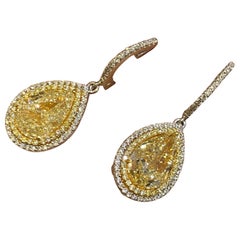 Certified 6.86 Pear Shape Yellow Diamond Dangle Earrings