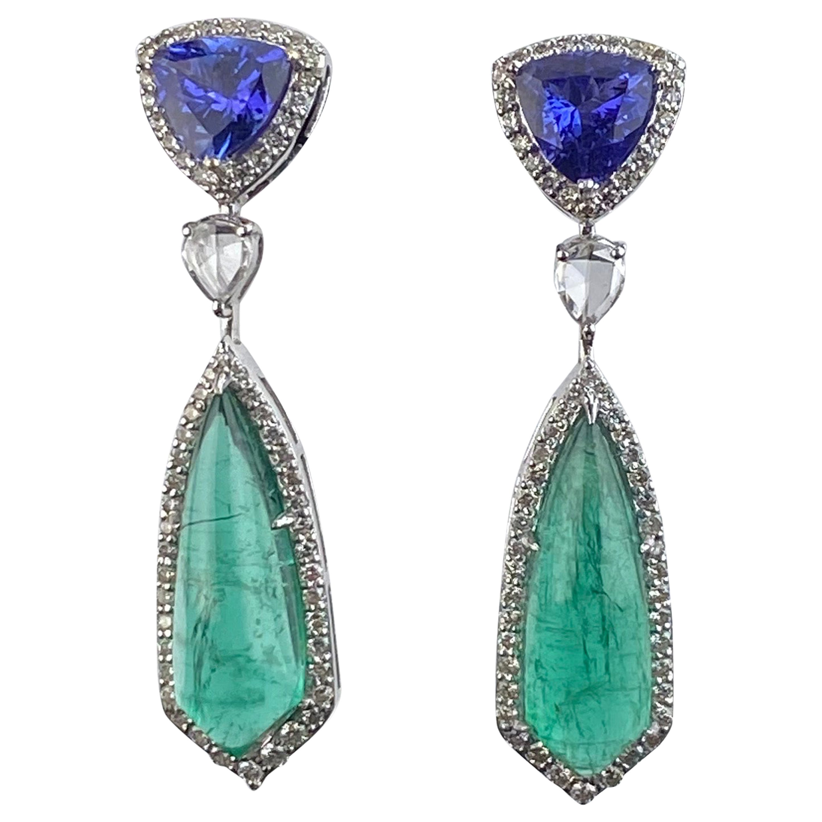 7.96 Carat Emerald, 2.04 Carat Tanzanite and Diamond Dangle Earrings