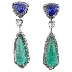 7.96 Carat Emerald, 2.04 Carat Tanzanite and Diamond Dangle Earrings