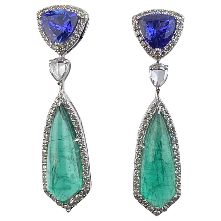 7.96 Carat Emerald, 2.04 Carat Tanzanite and Diamond Dangle Earrings For Sale