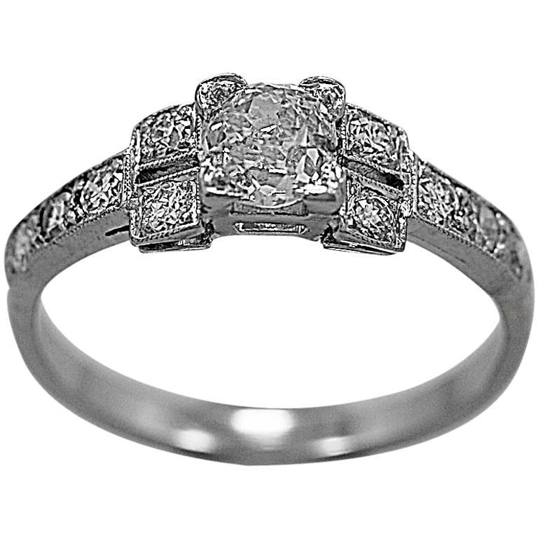 Art Deco .58 Carat Diamond Platinum Engagement Ring For Sale