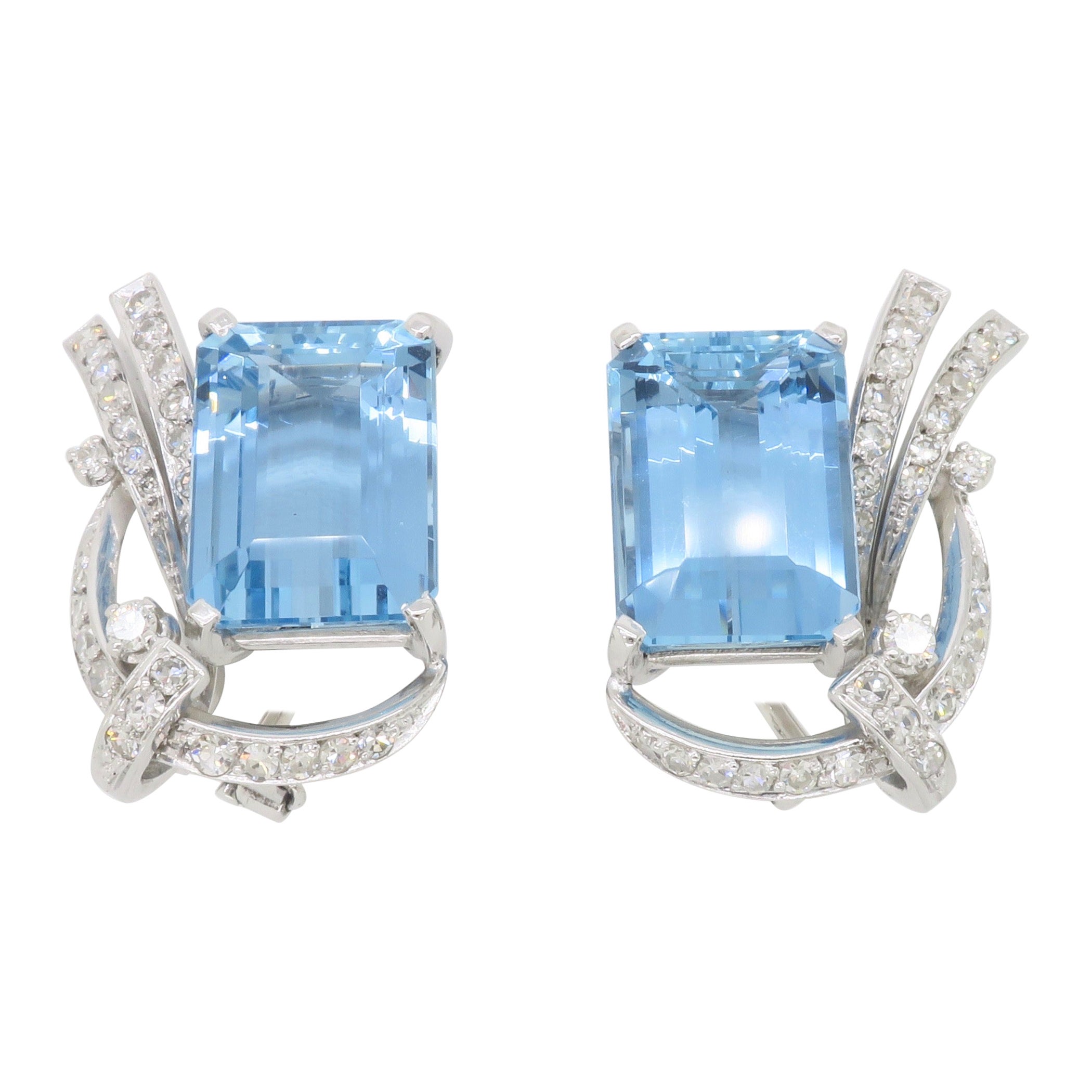 GIA Certified Estate Aquamarine & Diamond Omega Back Earrings