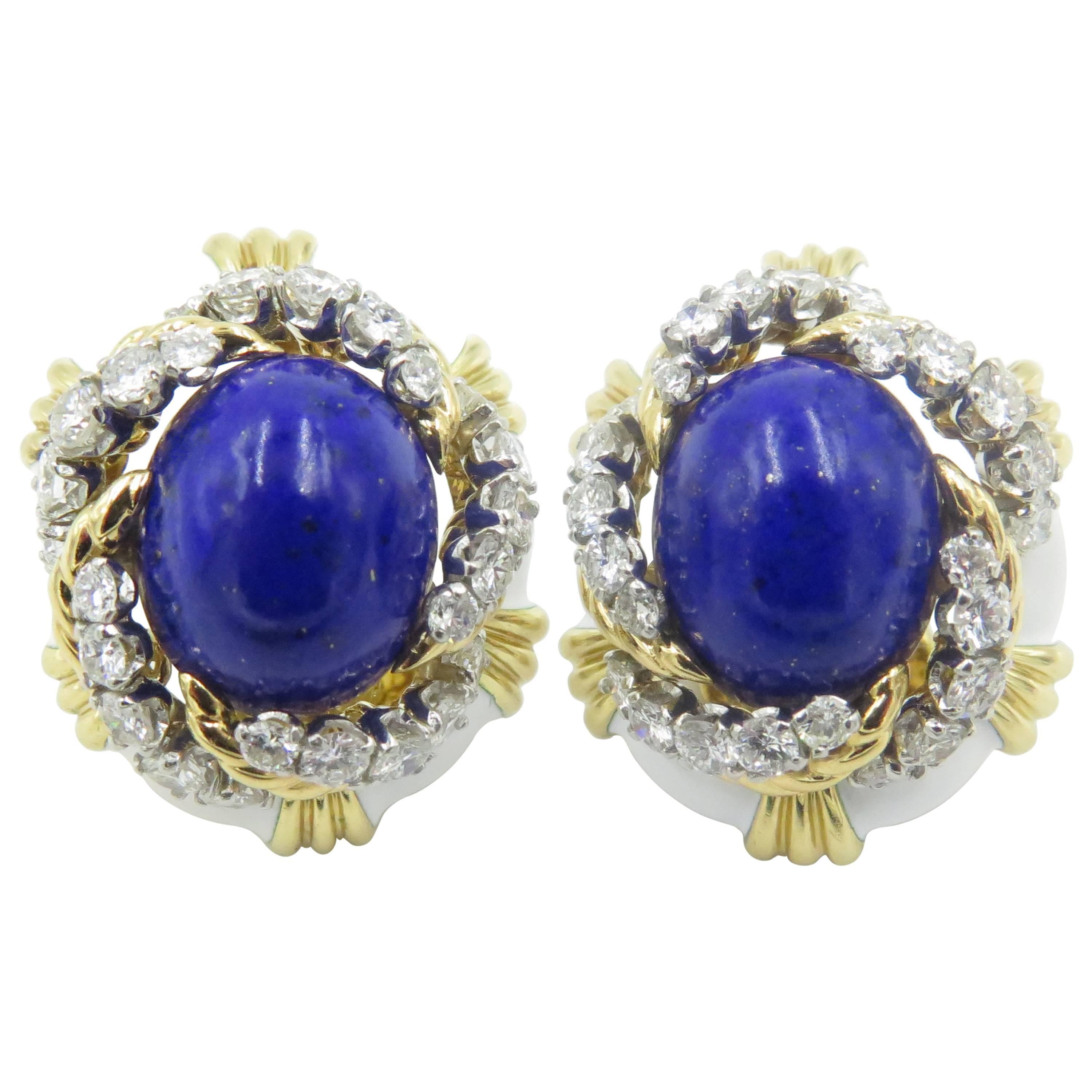 David Webb White Enamel Lapis Lazuli Diamond Gold Earrings