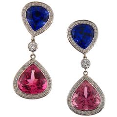 Laura Munder Tanzanite Pink Tourmaline Diamond Gold Drop Earrings