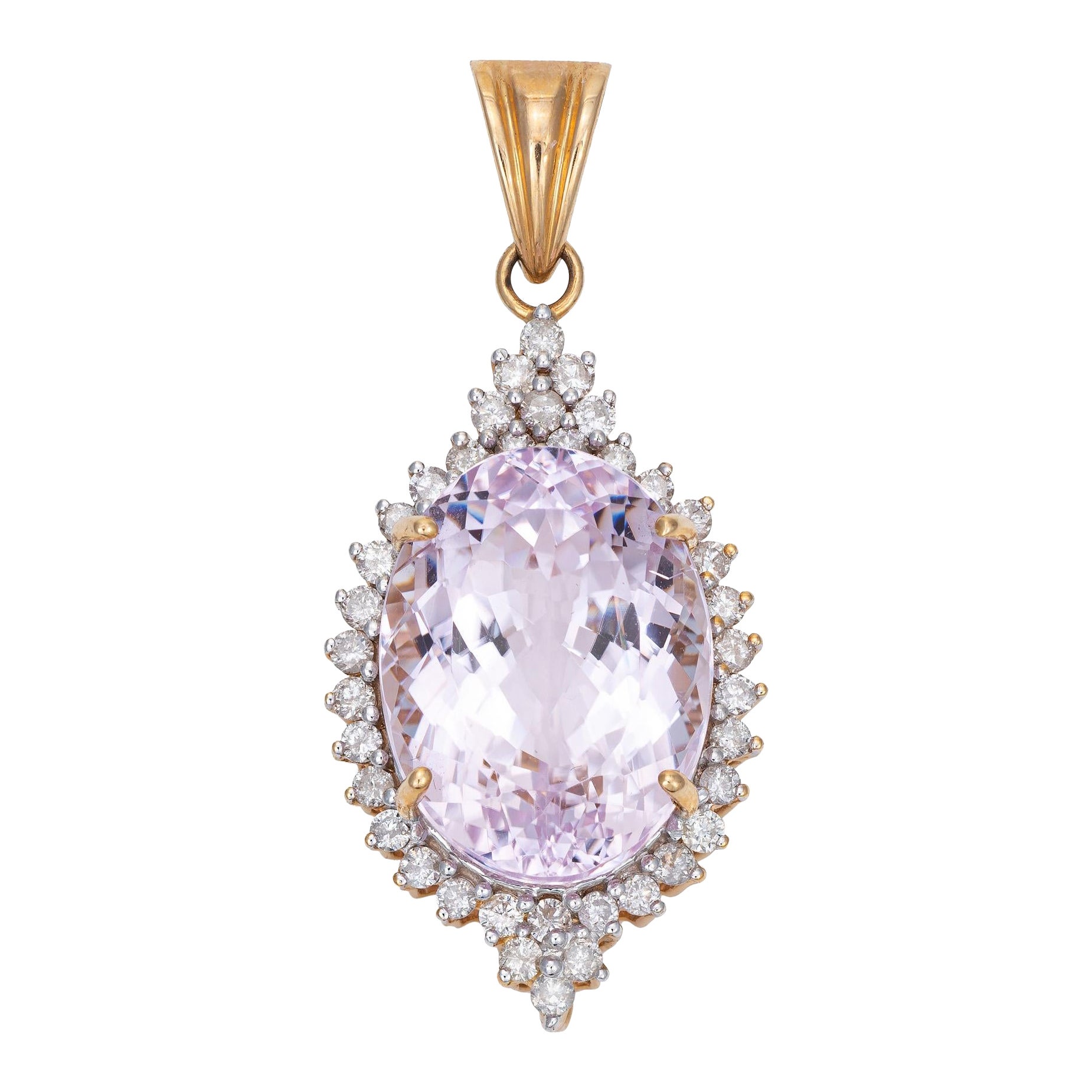 Pendentif vintage en or jaune 14 carats avec diamants et kunzite de 17,50 carats