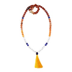Mala Necklace with Jade, Lapis, 18 Kt Gold Diamonds Beads, and Blue Sapphire