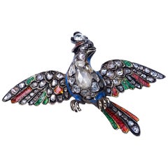 Antike georgianische Vogel des Paradieses Brosche, Emaille Diamant Silber Gold