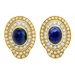 Blue Sapphire Cabochon and White Diamond Clip on Earrings in 18k Gold