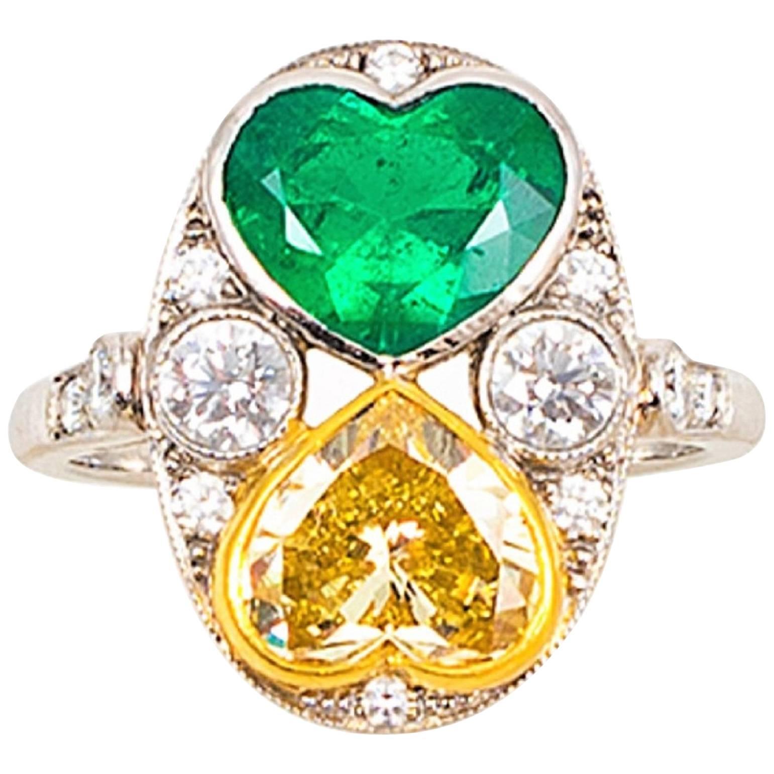  1.75 Carat Fancy Yellow Diamond and Emerald Hearts Platinum Ring For Sale