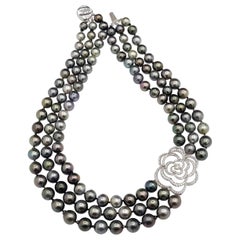 Diamond Floral Silhouette White Gold Motif 3-Strand Tahitian Pearl Necklace