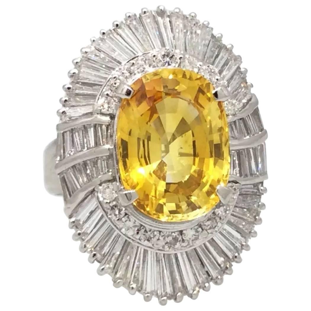 6.25 Carat Oval Yellow Sapphire and 2.50 Carats Diamonds Platinum Ballerina Ring For Sale