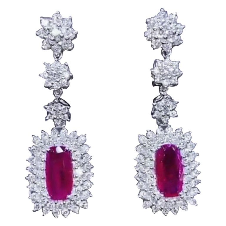 Exclusive Certified 8, 33 of Burma Rubies and Diamonds on Earrings For Sale