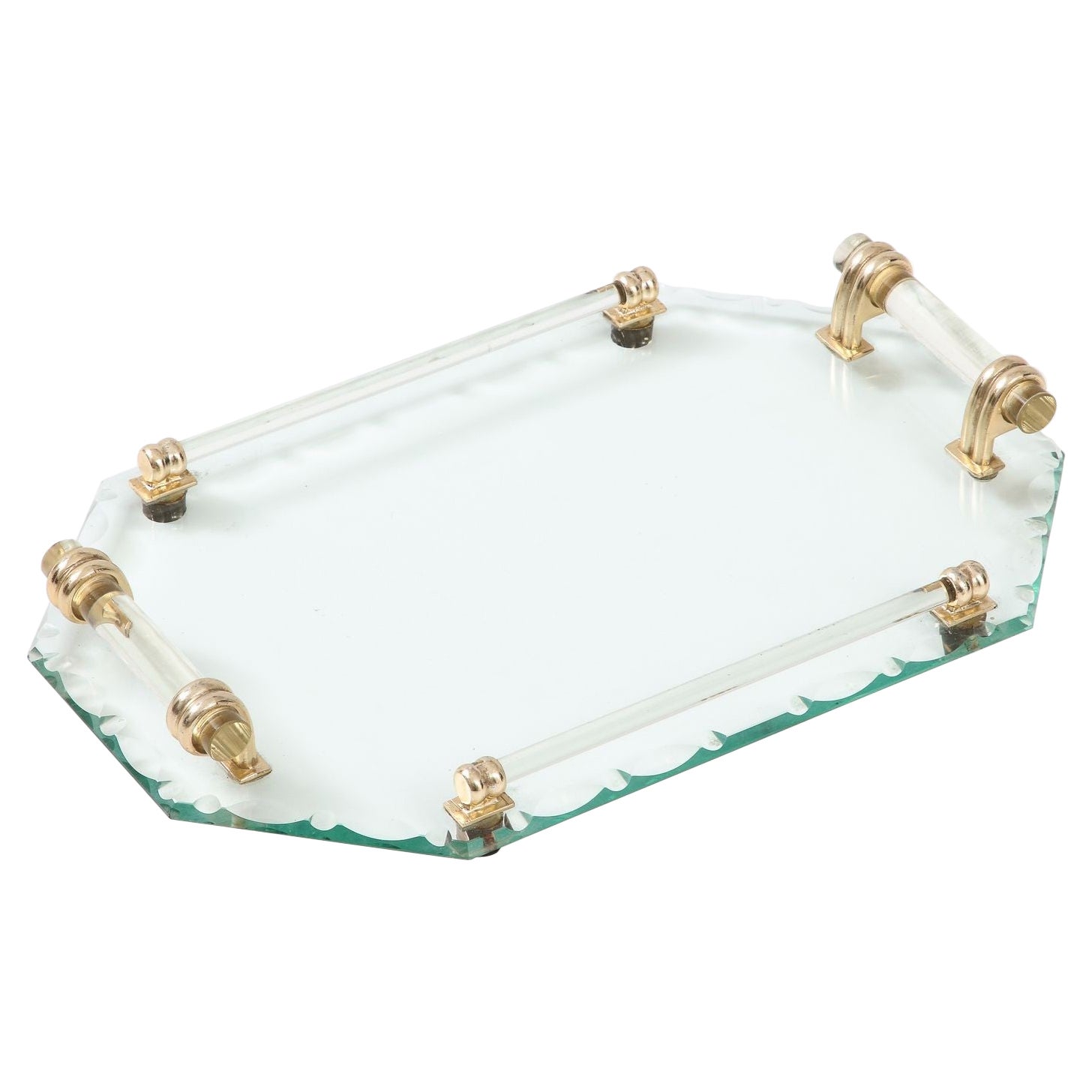 French Glass Tray Style of Jacques Adnet with Glass Handles For Sale