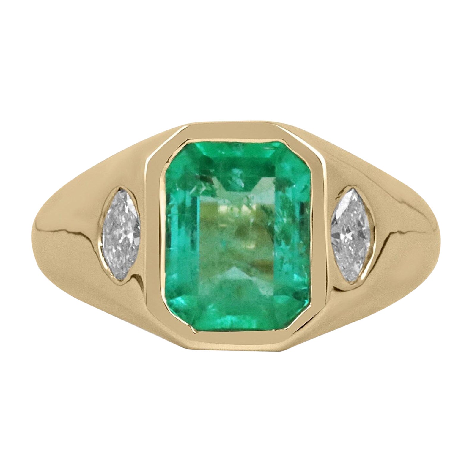 Anillo Unisex de Esmeralda Colombiana y Diamante talla marquesa de 2,80 tcw y tres piedras 14K en venta