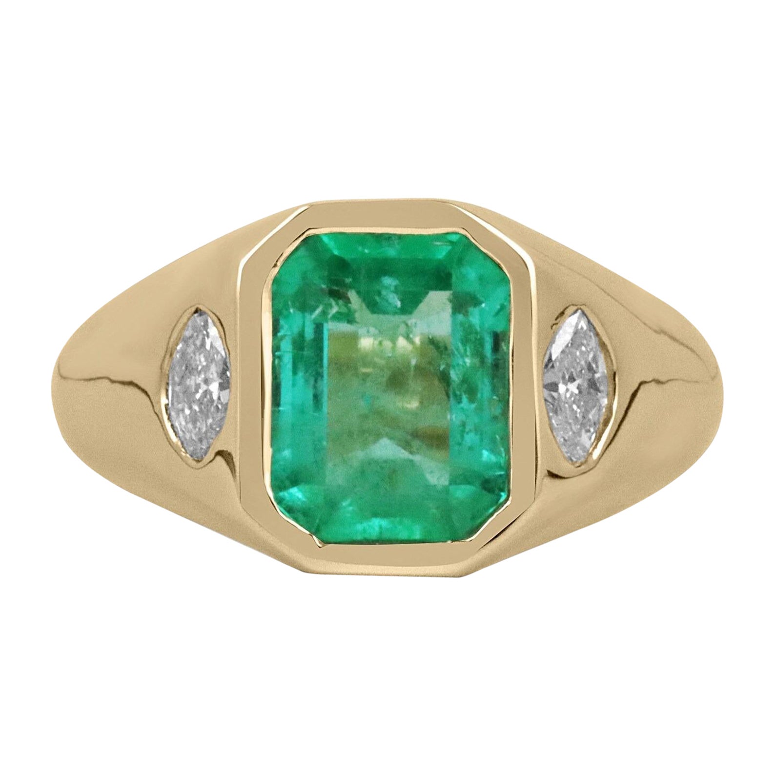 2.80tcw Three Stone Colombian Emerald & Diamond Marquise Cut Unisex Ring 14K For Sale