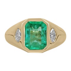 2.80tcw Three Stone Colombian Emerald & Diamond Marquise Cut Unisex Ring 14K