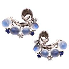 Raymond C. Yard 1943 Deco Retro Earrings Platinum 15.34 Ctw Moonstones Sapphires